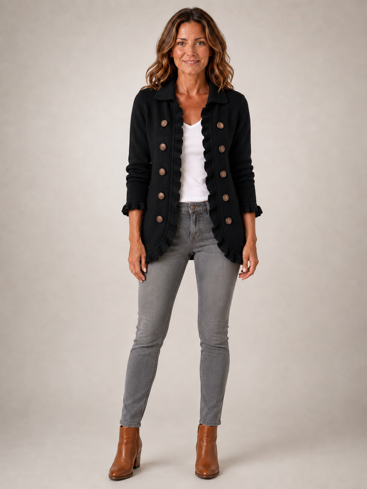 Camille | Veste noire en maille côtelée à volants