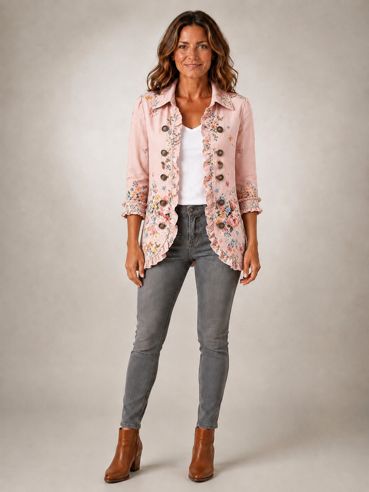 Bettany | Veste fleurie boutonnée à volants