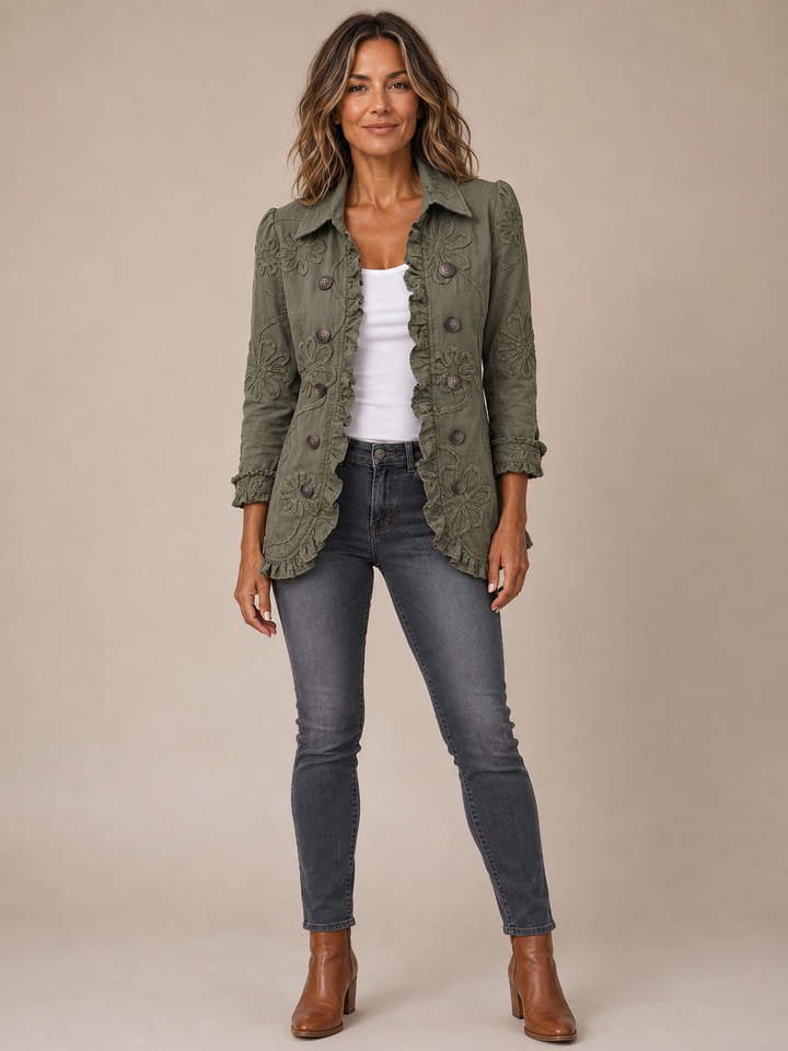 Kamberly | Veste utilitaire vert rétro brodée à volants