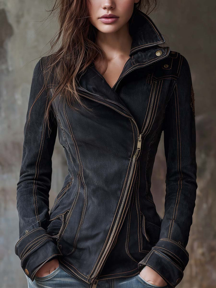 Mélisande | Veste motarde en jean à zip asymétrique — Anthracite