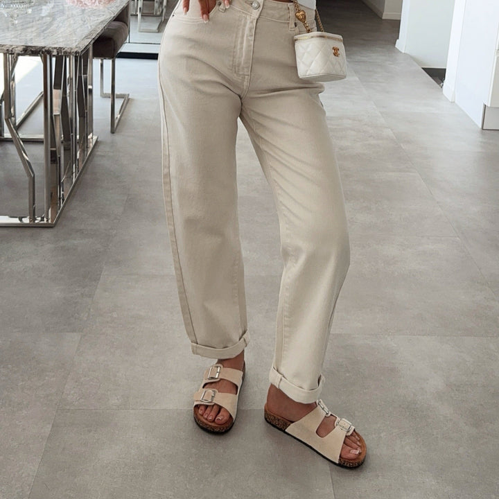Cécile | Mules beiges à double bride et boucles
