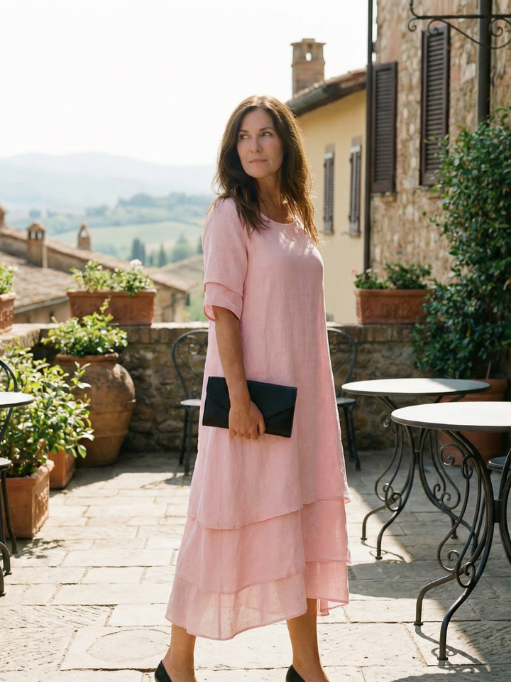Armance — Robe longue à volants superposés, coloris Rose
