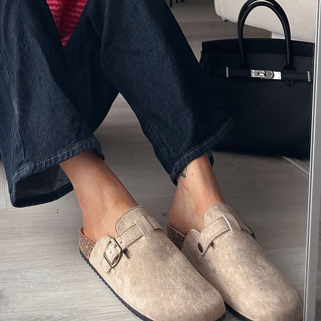 Héloïse | Mules en daim beiges à boucle