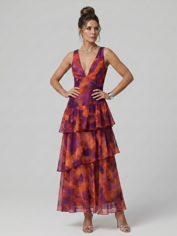 Olympia — Robe longue sans manches à volants étagés, coloris Prune et orange
