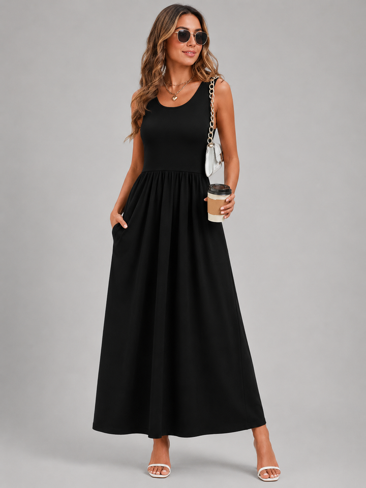 Ambre — Robe midi bohème à col licou, coloris Noir