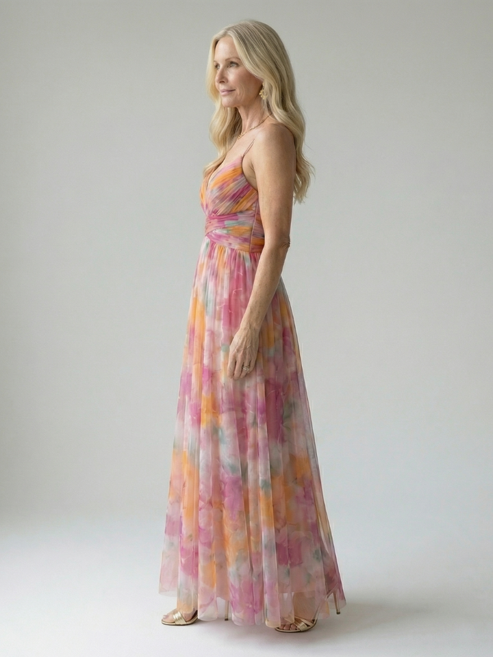 Maïwenn — Robe longue cache-cœur en voile imprimé