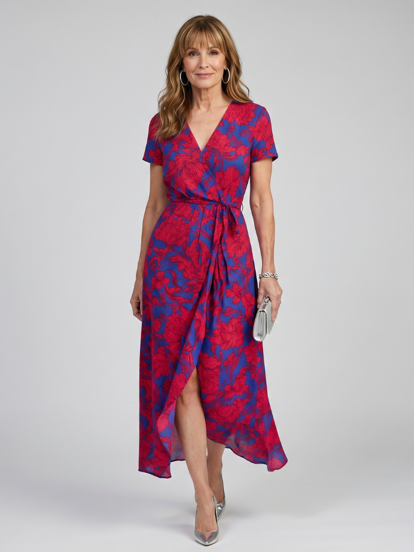 Gwenaëlle — Robe midi portefeuille fleurie, coloris Rouge et bleu