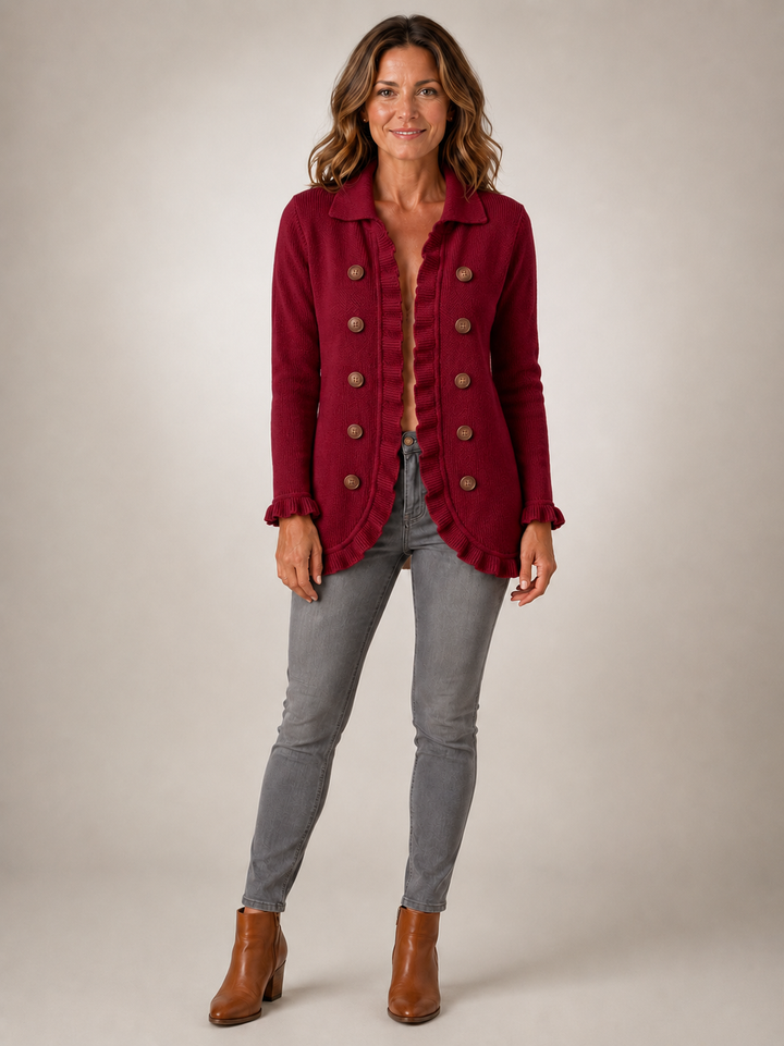 Rosalie | Veste rouge rubis en maille côtelée à volants
