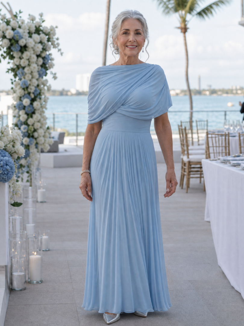 Romane — Robe longue drapée à une épaule, coloris Bleu ciel