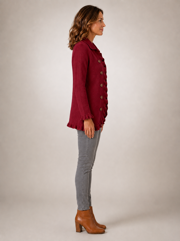 Rosalie | Veste rouge rubis en maille côtelée à volants
