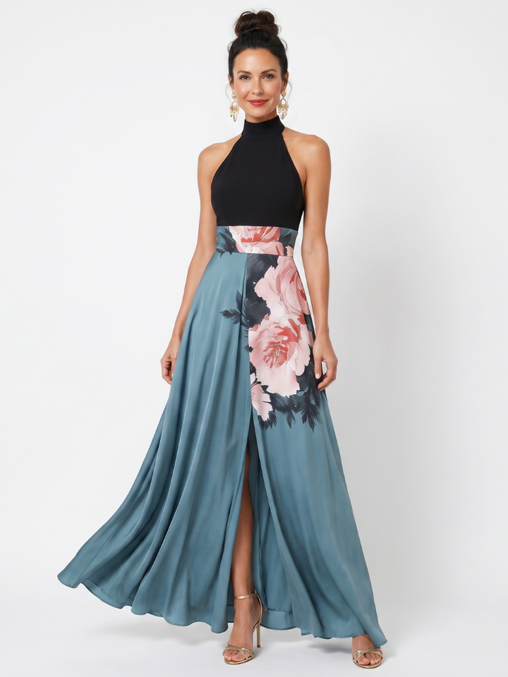 Zoraïde — Robe longue bicolore à fleurs peintes, coloris Noir et bleu ardoise