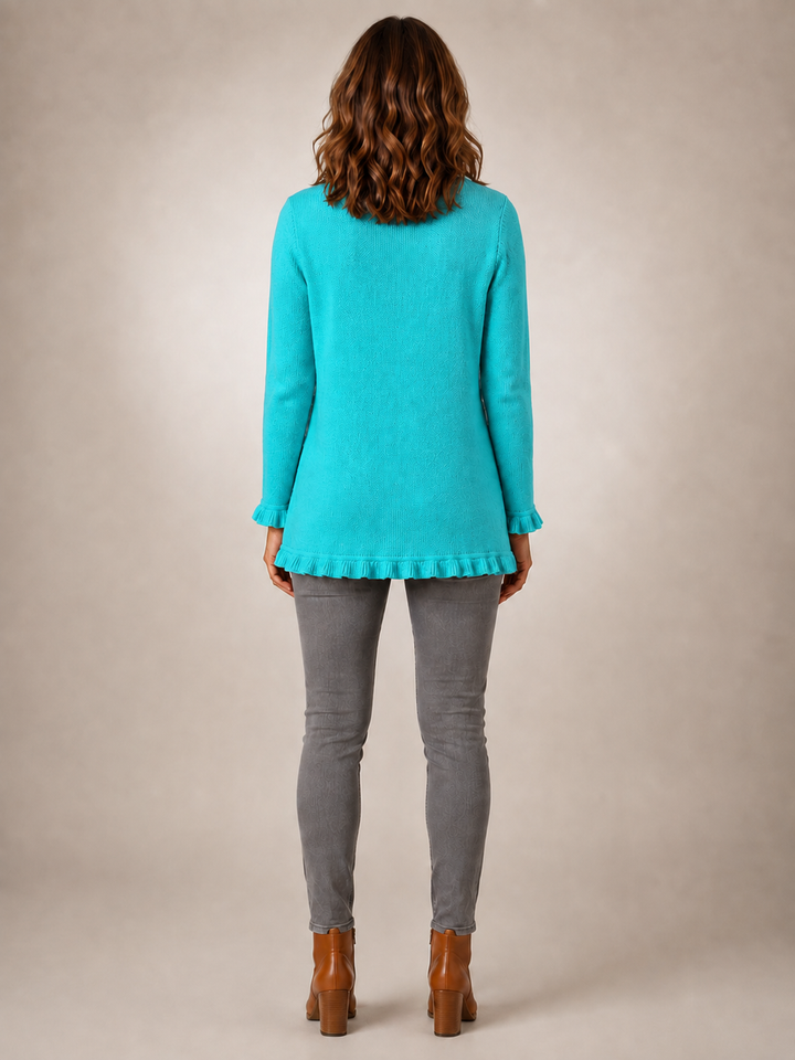 Maribel | Veste turquoise en maille côtelée à volants