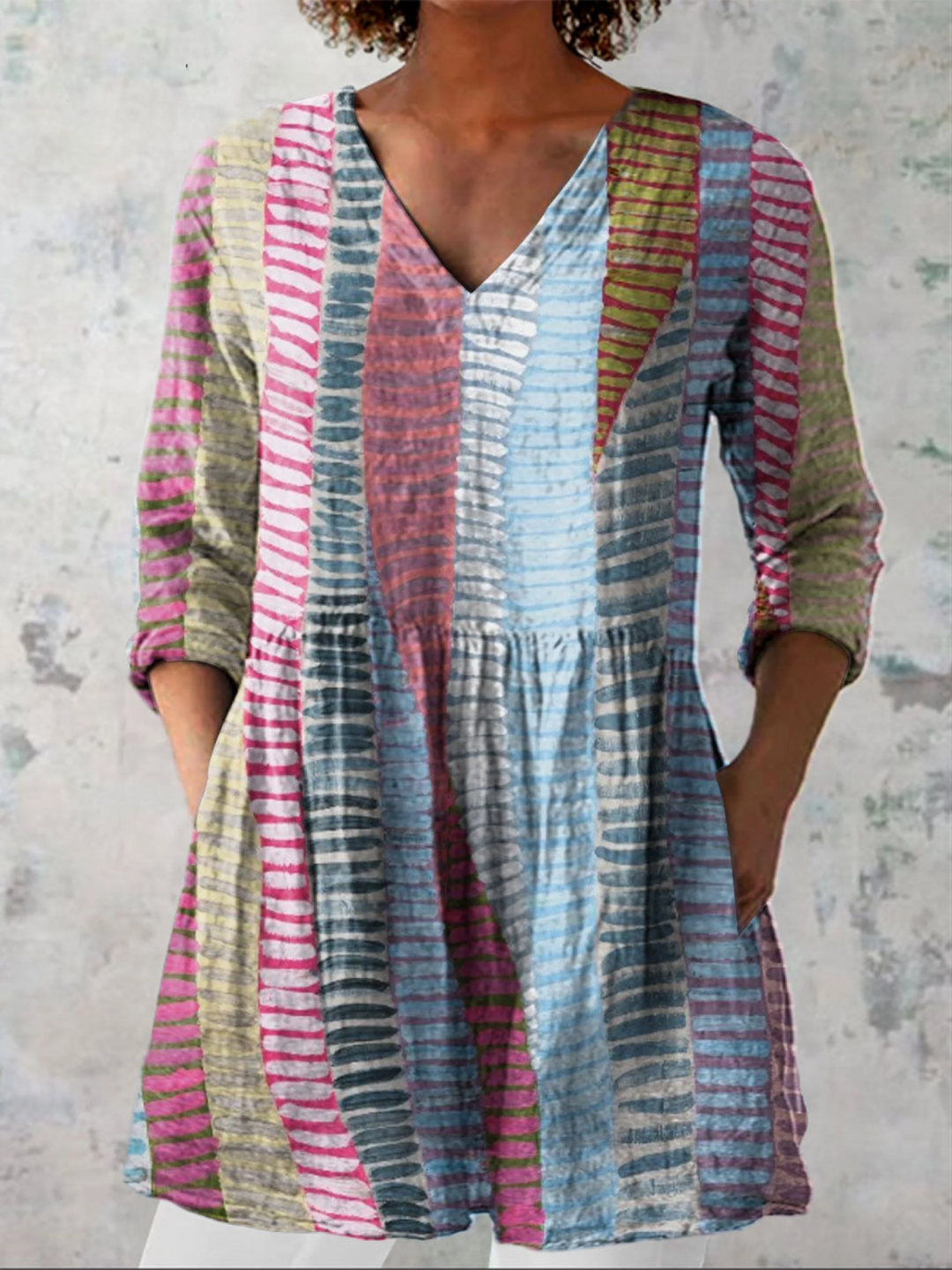 Aveline | Chemisier long col V patchwork à rayures colorées