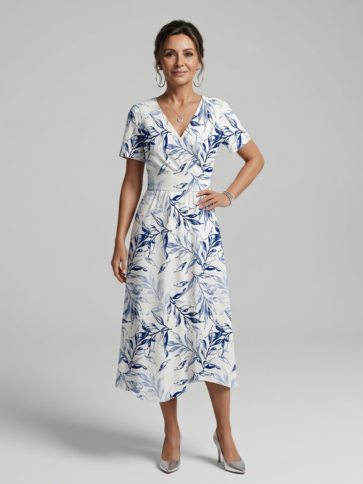 Fleurine — Robe midi cache-cœur à feuillage, coloris Écru à feuillage bleu