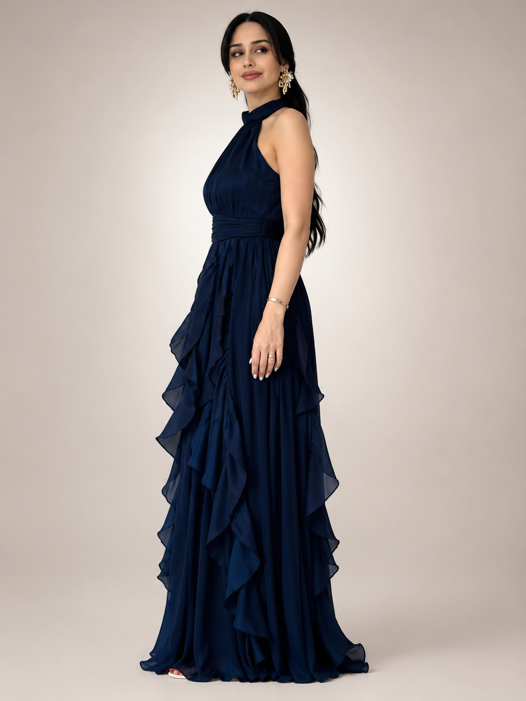 Séraphine — Robe longue à col licou et volants cascade