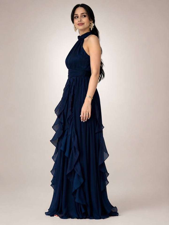 Séraphine — Robe longue à col licou et volants cascade