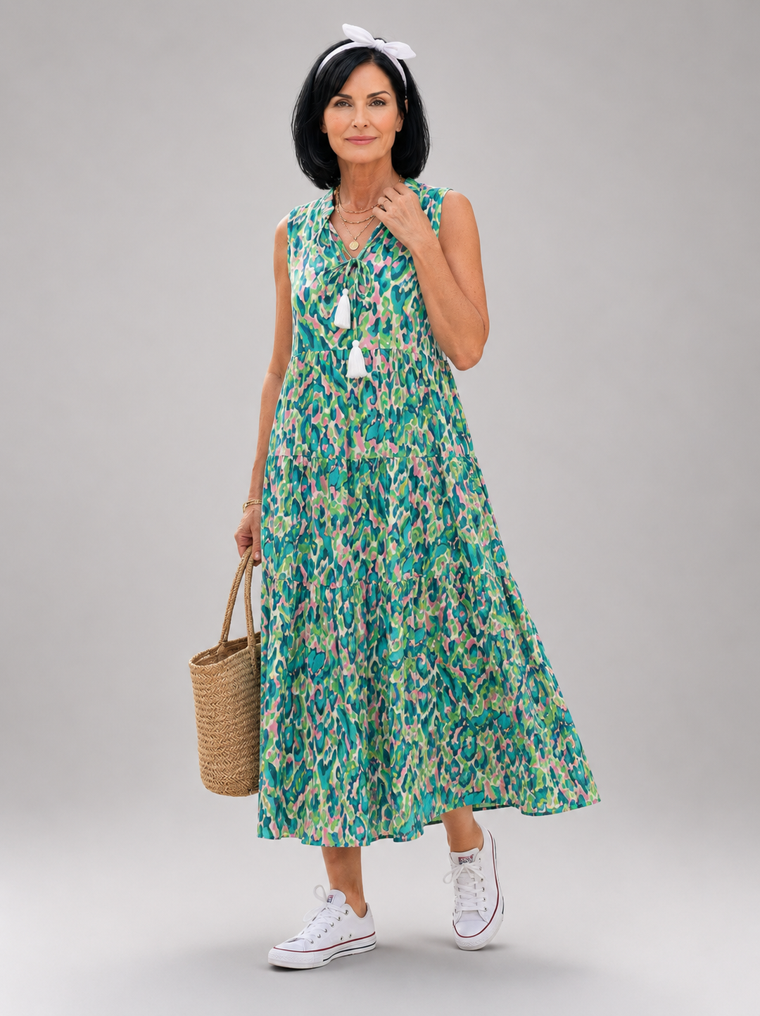Nolwenn — Robe longue sans manches à volants, coloris Vert