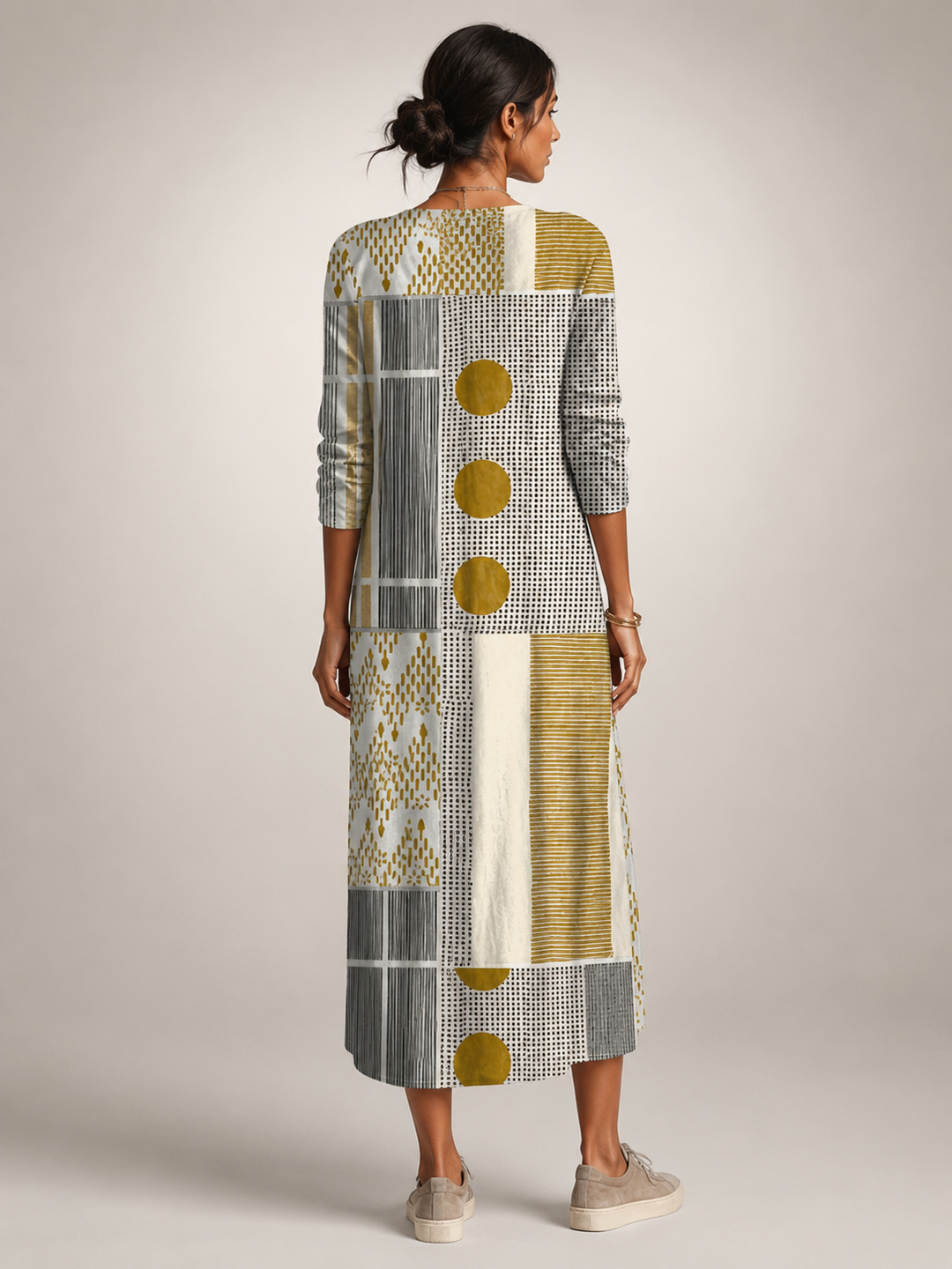 Clémentine — Robe longue patchwork à manches longues