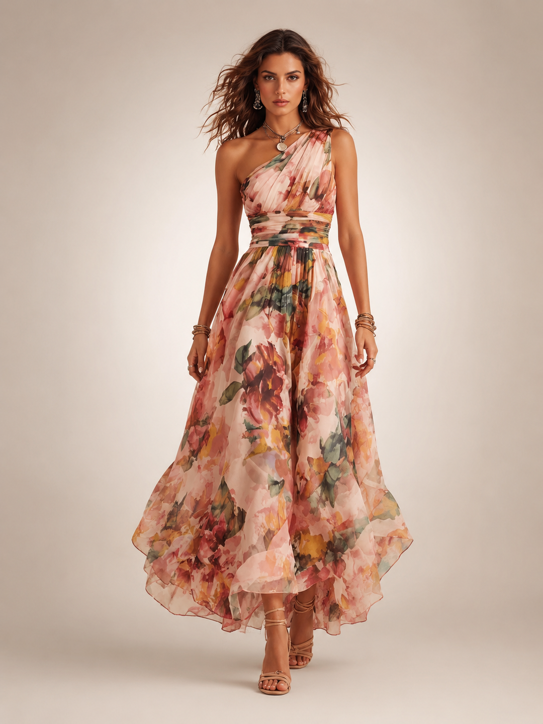 Édith — Robe longue asymétrique à imprimé fleuri, coloris Fleuri corail
