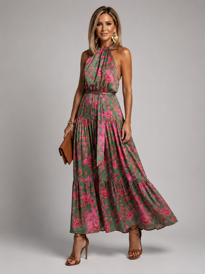 Katell — Robe longue dos nu à volants étagés