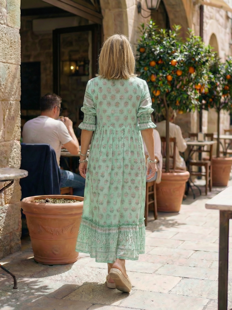 Isaline — Robe longue à imprimé block print