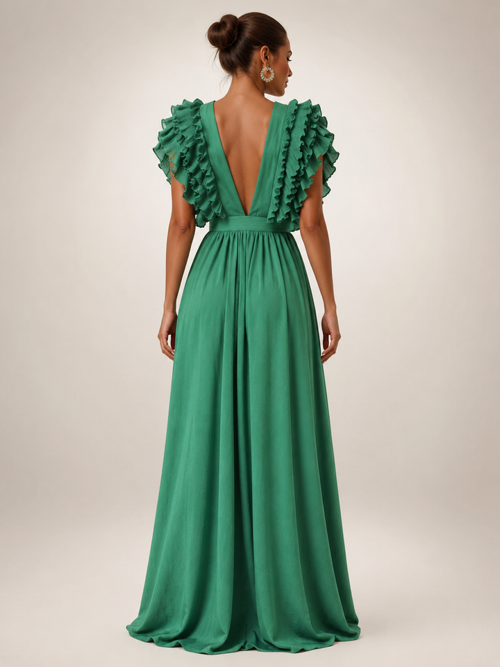 Géraldine — Robe longue dos nu à manches volantées