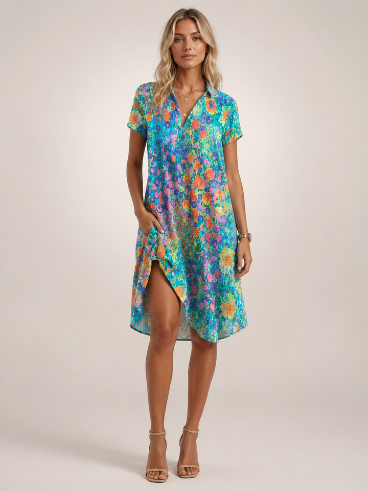 Blanche — Robe midi chemise fleurie à col V, coloris Turquoise fleuri