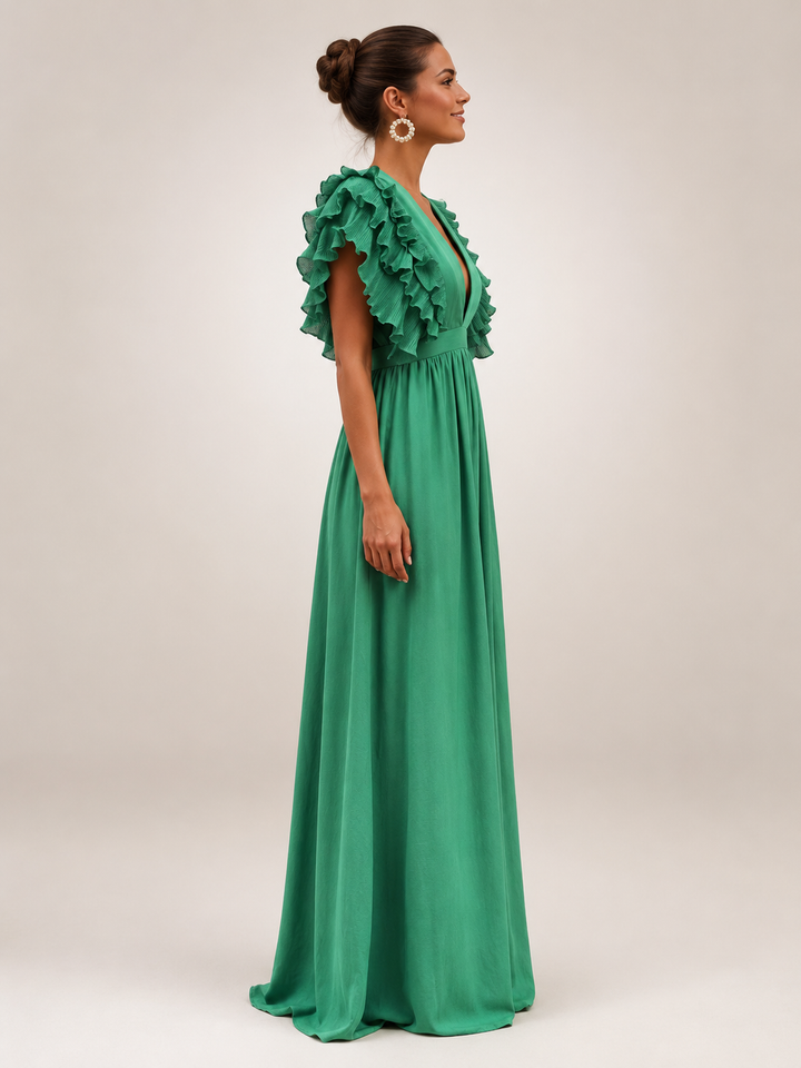 Géraldine — Robe longue dos nu à manches volantées