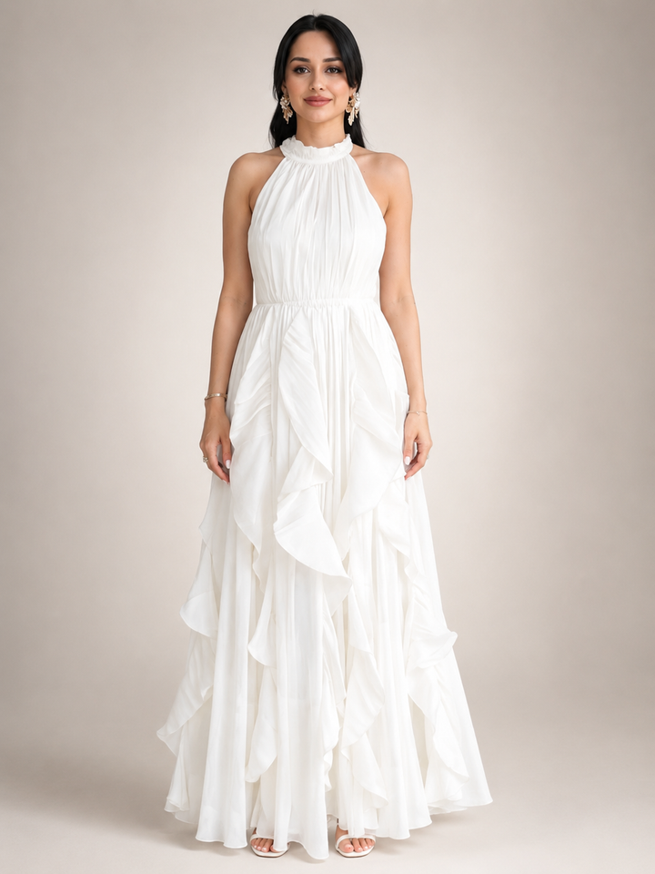 Séraphine — Robe longue à col licou et volants cascade, coloris Blanc