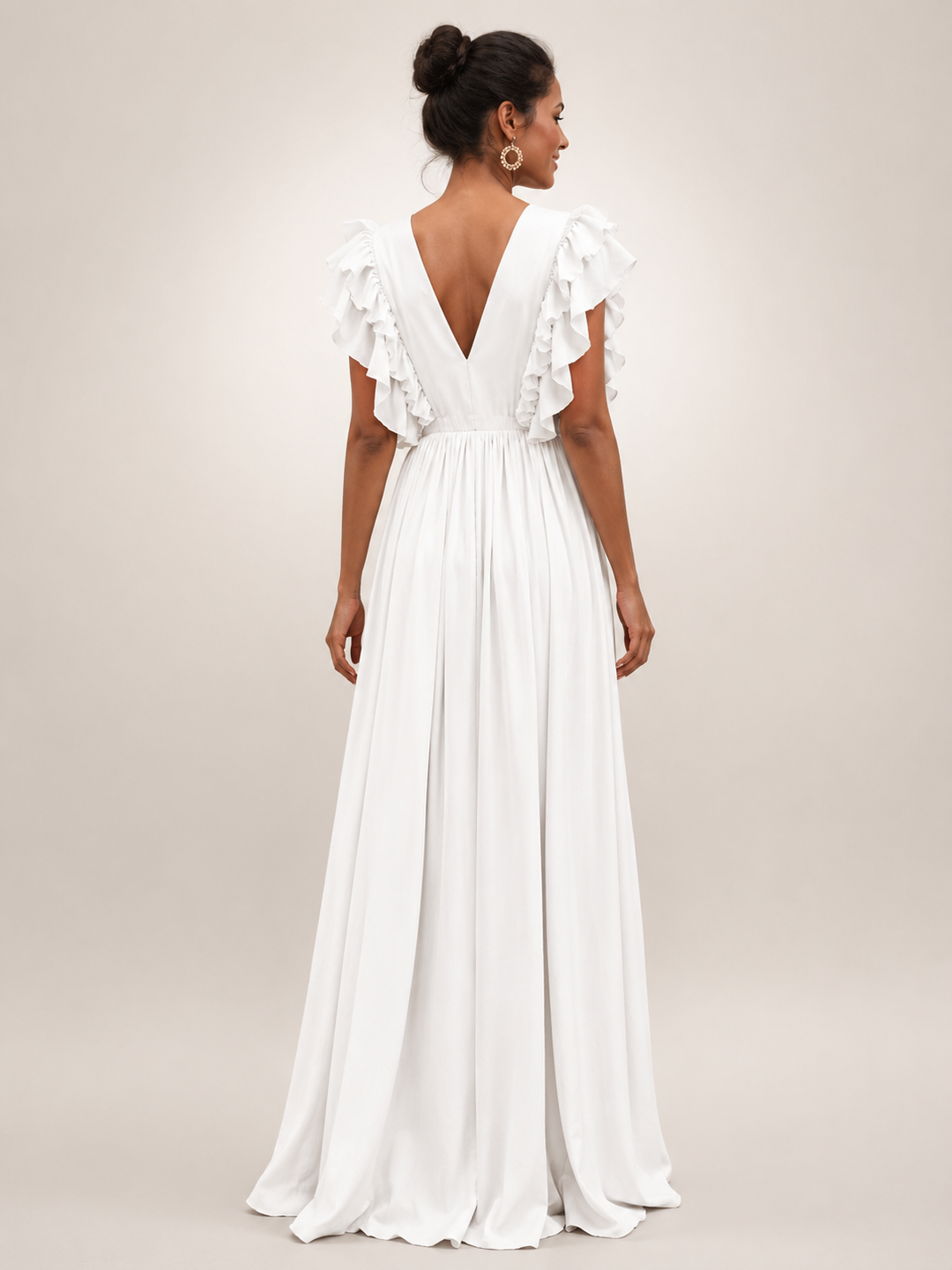 Géraldine — Robe longue dos nu à manches volantées