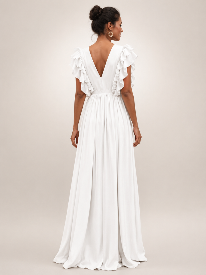 Géraldine — Robe longue dos nu à manches volantées