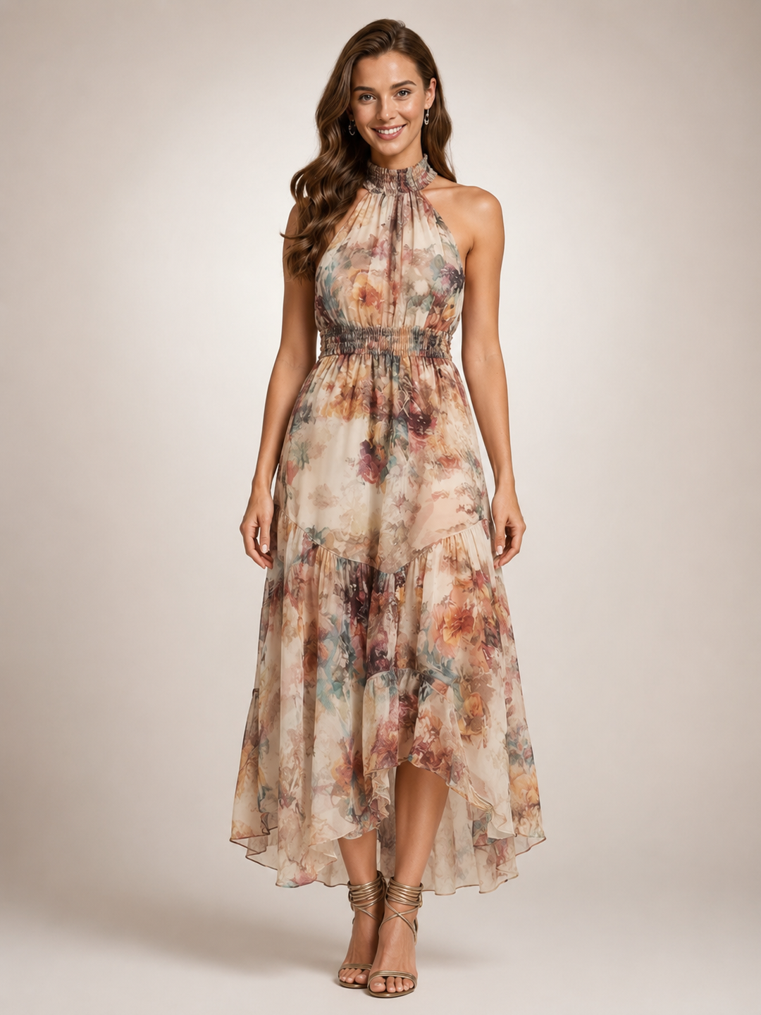 Héloïse — Robe longue fleurie à col licou et dos nu, coloris Fleuri multicolore