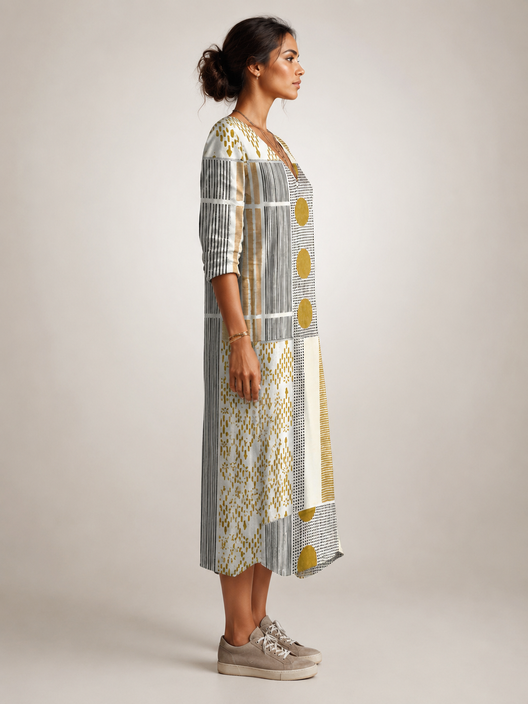 Clémentine — Robe longue patchwork à manches longues