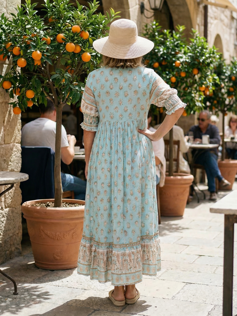 Isaline — Robe longue à imprimé block print