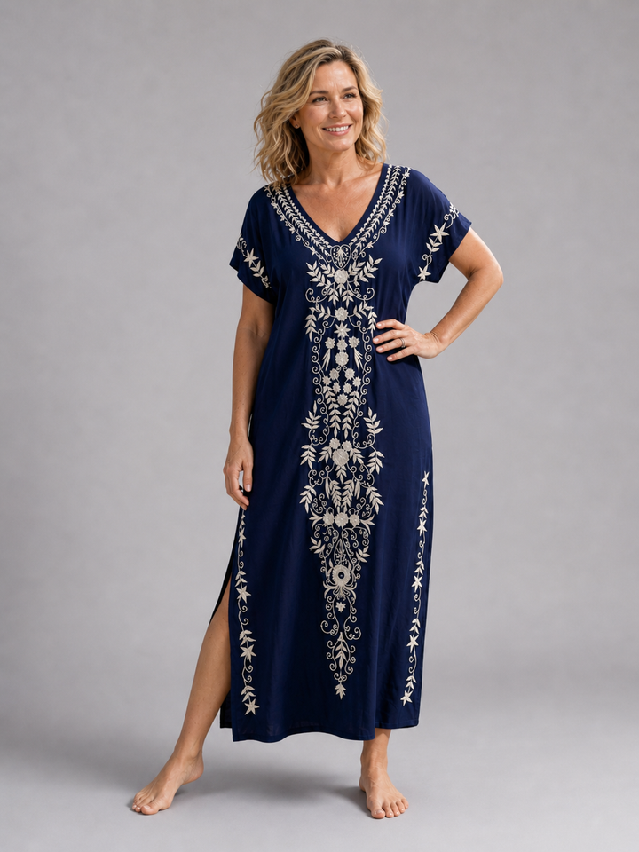 Thaïs — Robe longue brodée à manches courtes