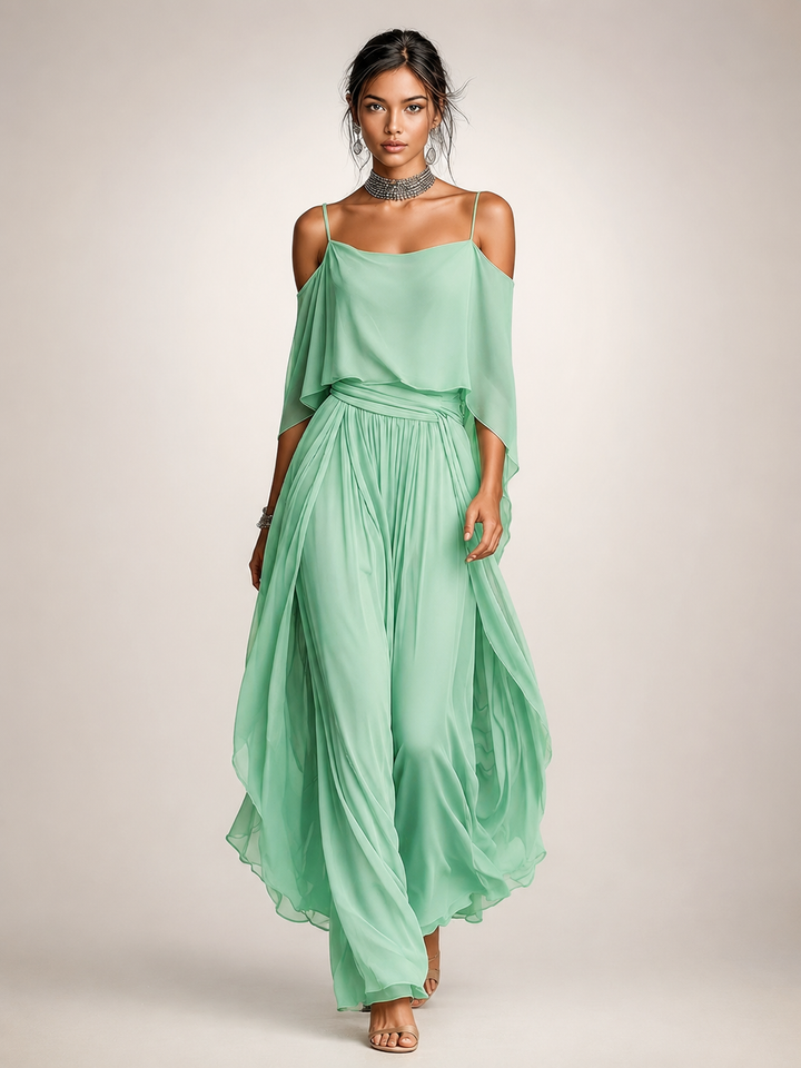 Célia — Ensemble en mousseline épaules dénudées, coloris Vert d’eau