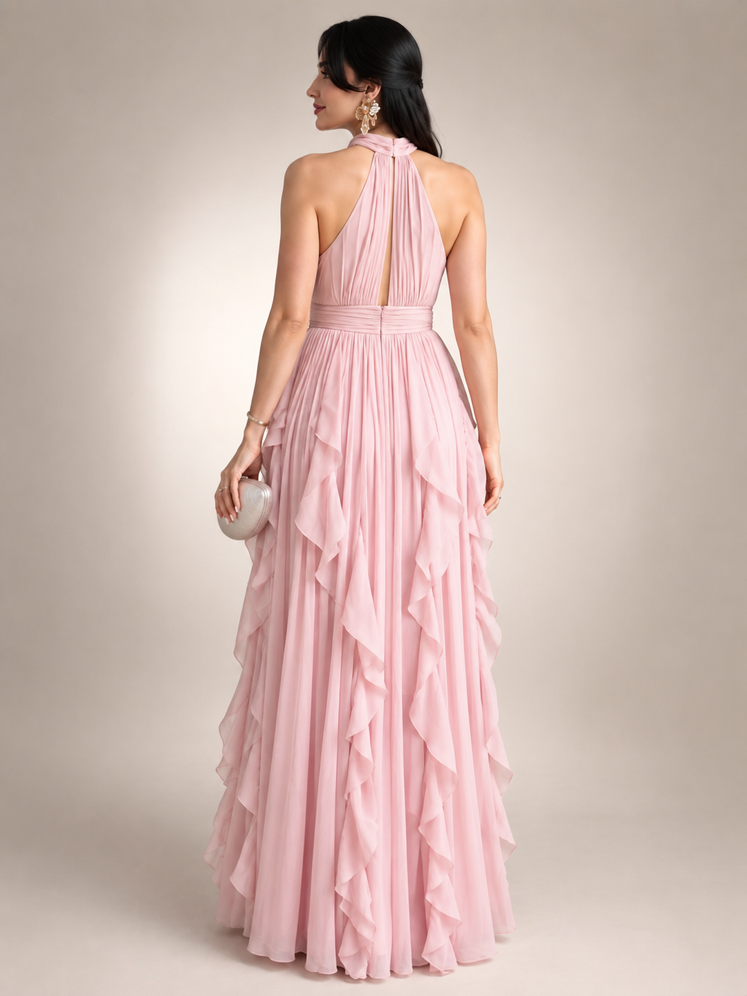 Séraphine — Robe longue à col licou et volants cascade