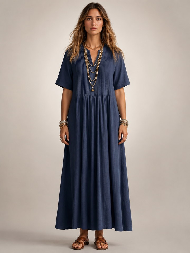 Améline — Robe longue plissée, coloris Bleu marine