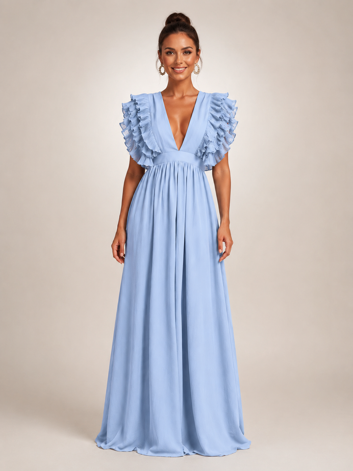 Géraldine — Robe longue dos nu à manches volantées, coloris Bleu ciel