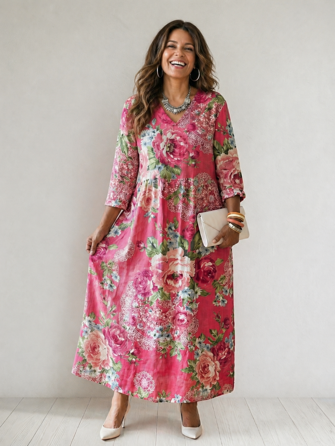 Perrine — Robe longue à grandes fleurs, coloris Rose fleuri