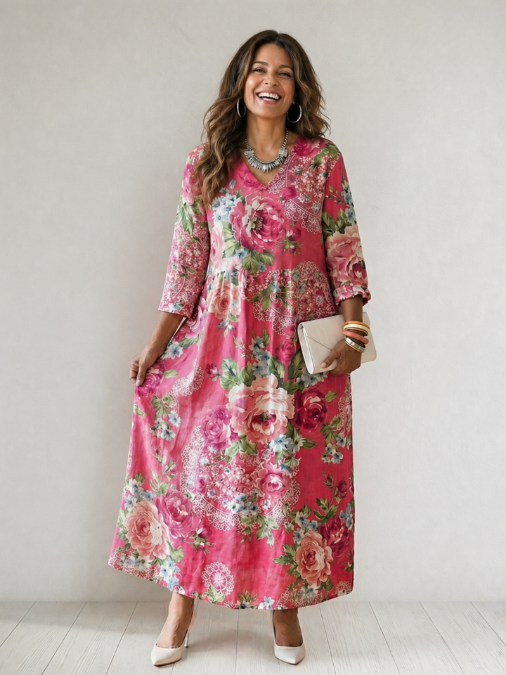 Perrine — Robe longue à grandes fleurs, coloris Rose fleuri