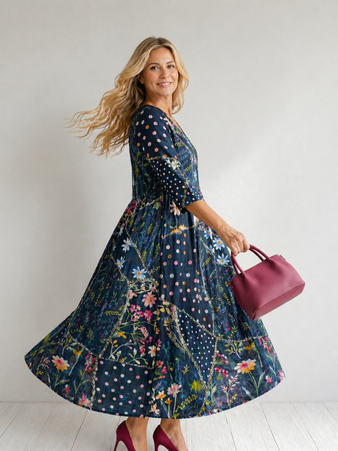 Jeanne — Robe longue fleurie à pois