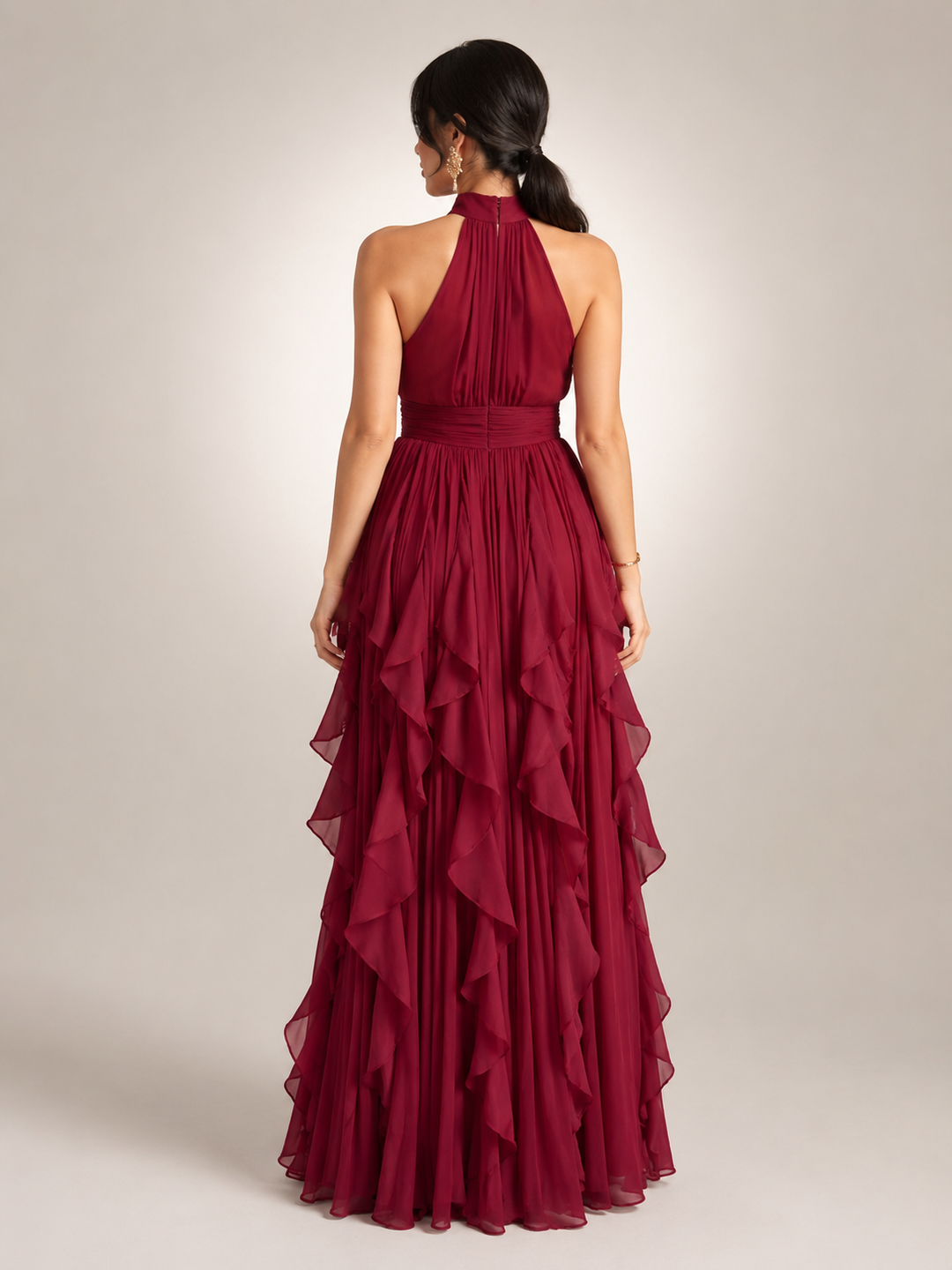 Séraphine — Robe longue à col licou et volants cascade