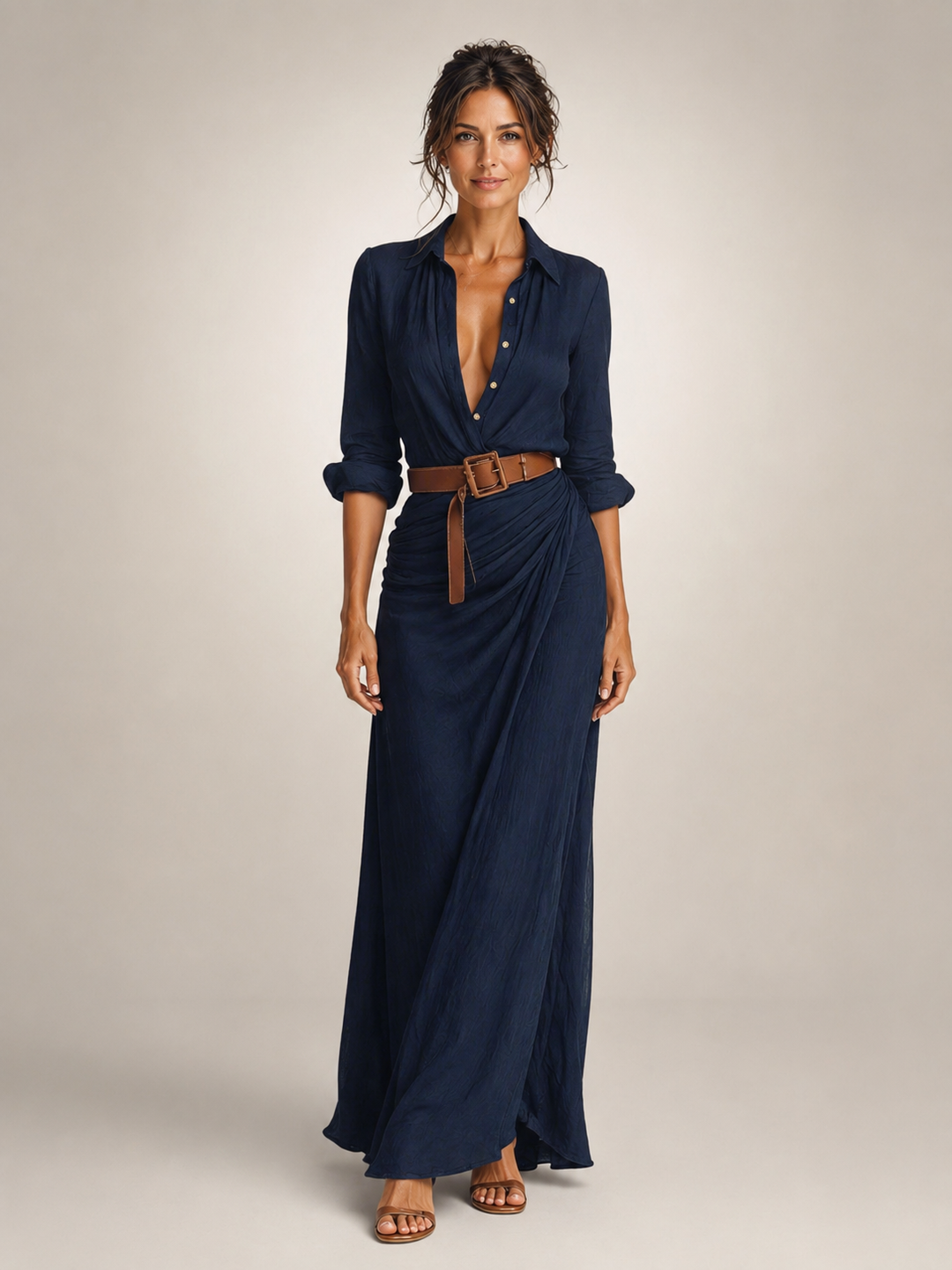 Judith — Robe longue chemise à col tailleur, coloris Bleu marine