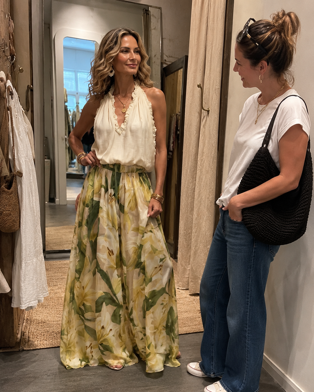 Femme portant un ensemble deux pièces avec blouse dos-nu et pantalon large à imprimé fleuri