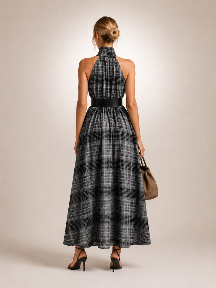 Edwige — Robe longue à carreaux, col montant et ceinture