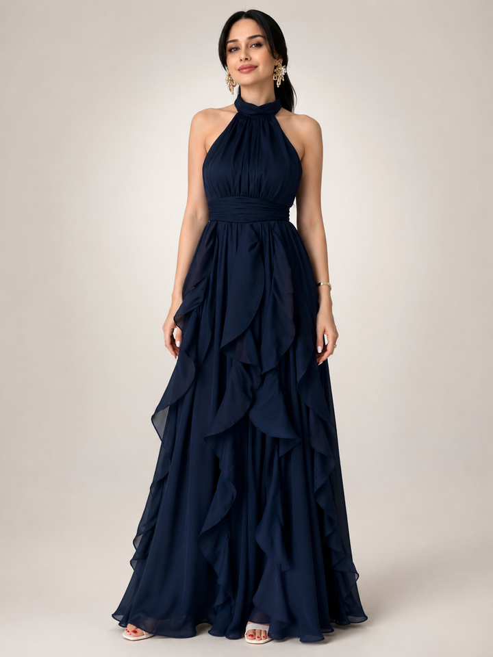 Séraphine — Robe longue à col licou et volants cascade, coloris Bleu nuit