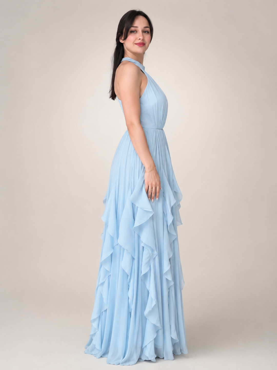 Séraphine — Robe longue à col licou et volants cascade