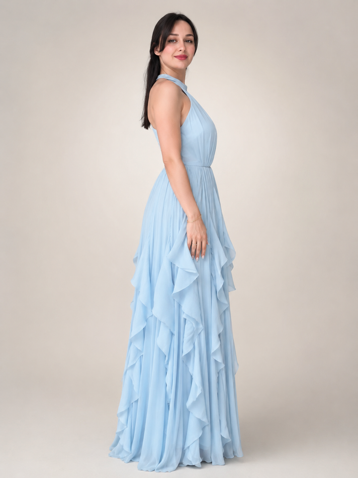Séraphine — Robe longue à col licou et volants cascade