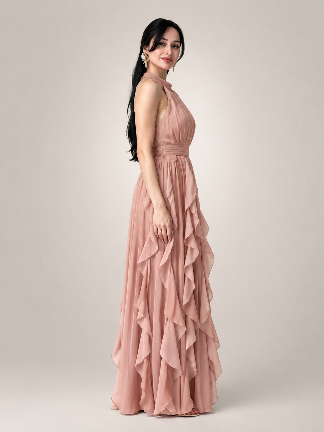 Séraphine — Robe longue à col licou et volants cascade